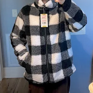 Sherpa Cozy Jacket Fluffy Zip Black White Buffalo Checkerboard Comfy Womens M thumbnail 14