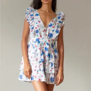LoveShackFancy Bennett Mini Dress XS blue Notte Floral Cotton Cottage Boho Beach thumbnail 8