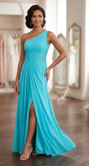David’s bridal Malibu blue one-shoulder floor length, lace inset @one waistline. thumbnail 1
