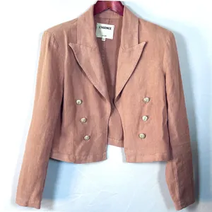 L'AGENCE Womens M Linen Blazer Pink Cropped Double Breasted Gold Button Jacket thumbnail 3