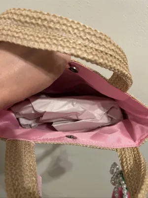 NWT Straw Tote Bag with Pink Cherry Embroidery and removable bag charm thumbnail 6
