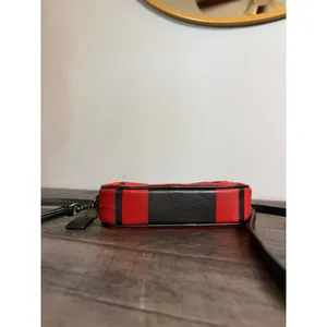 Coach Red Black Buffalo Plaid Pebble Leather Double Zip Crossbody Camera Bag thumbnail 5