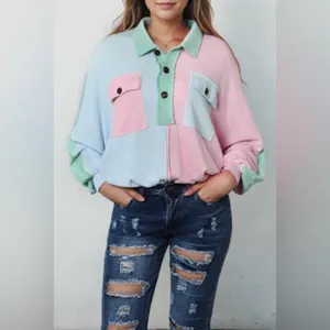 Multicolor Pastel Pink Green Blue Colorblock Patchwork Ribbed Pullover Top Size M thumbnail 3