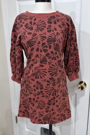 Pact Organic Cotton Sweatshirt Dress Rust Brown Botanical Leaf Print Mini Small thumbnail 1