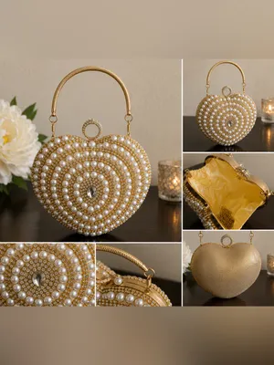 Pearl Heart Evening Clutch Gold Rhinestone Handbag Wedding Prom Formal Purse thumbnail 2