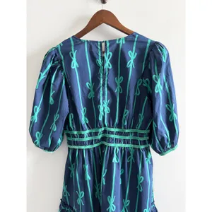 Umgee‎ Navy Blue Green Bow Print Cotton Midi Dress Medium Puff Sleeve thumbnail 4