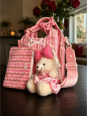 Madden Girl Floral Stripe Mini Tote Teddy Bear Charm Pink Coquette NWT thumbnail 6