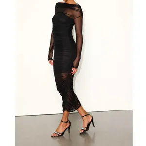 NEW Lulus Sunama Black Mesh Ruched Long Sleeve Bodycon Cocktail Midi Dress Small thumbnail 4