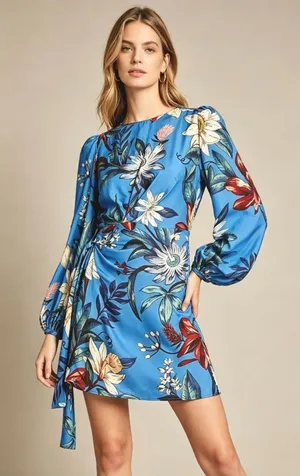NWOT Farm Rio Blue Surreal Flowers Wrap Long Sleeve Mini Dress Size S thumbnail 1