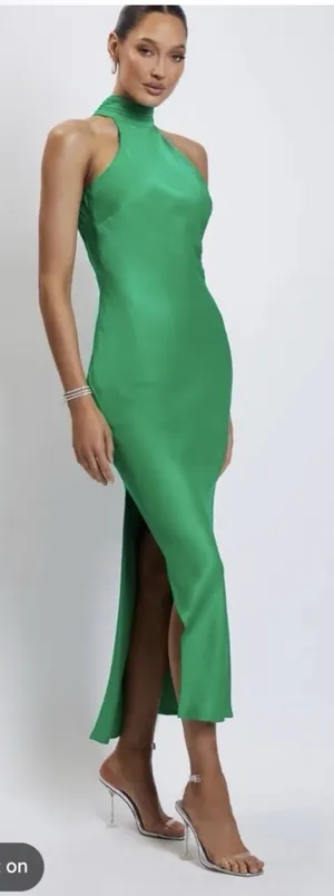 MESHKI Claire Satin Drape Back Maxi Dress in emerald green Size Medium thumbnail 1