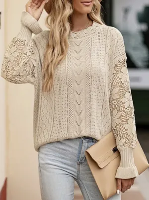 Elegant tan boho lace crochet sweater thumbnail 1