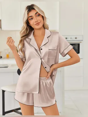 Ekouaer Satin Button Down Pajama Set Contrast Piping Champagne L thumbnail 1