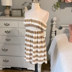 Forever 21 Strapless Oatmeal Taupe Striped Mini Dress Knit Beach Coverup Womens Small thumbnail 2