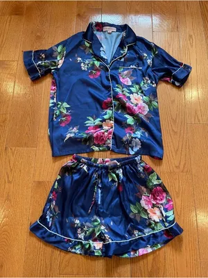 Blush Brides Co Floral Satin Pajama Set Size Small Navy Lounge Set Bridal Party thumbnail 1