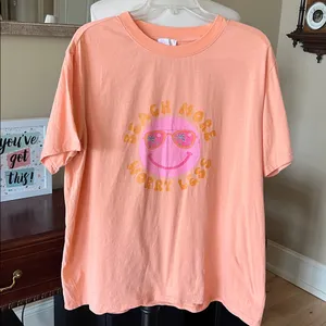 Beach More Worry Less Smiley Face Sunglasses Peach Women’s XL Pink Lily TShirt thumbnail 3