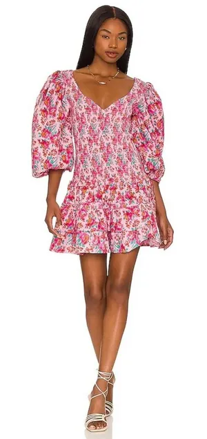 Love the Label M Audrey Smocked Pink Floral Puff Sleeve Tiered Ruffle Mini Dress thumbnail 1