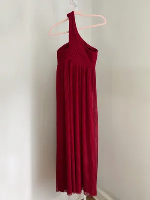 Calvin Klein Women’s Size 4 One-Shoulder Red Pleated Maxi Dress Flowy Mesh Gown thumbnail 3
