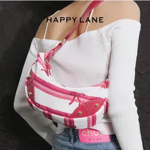 Pink Stripe Coquette Crescent Hobo Shoulder Bag Scarf Print NIP thumbnail 8