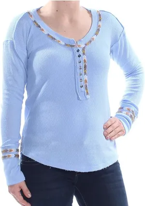 We The Free Free People Blue Waffle Knit Thermal Henley Embroidered Trim Top L thumbnail 1