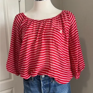 J.‎ Crew Red & White Sailor Striped Knit Peasant Top Size XS thumbnail 2