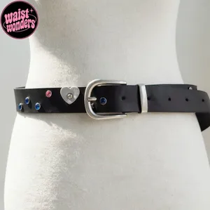 Y2K 2000s style Black leather belt with silver studs and heart buckle thumbnail 1