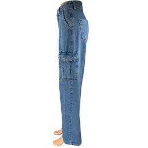 Zara Women's Blue High Waisted Straight Wide Leg Cargo Denim Jeans Pants Size 2 thumbnail 2