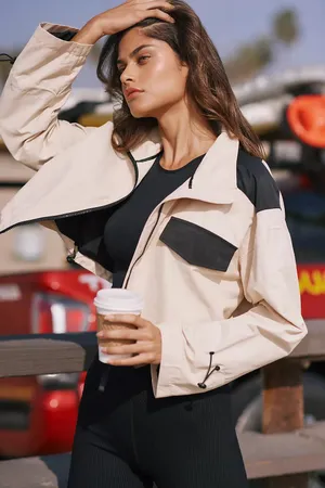 Anthropologie Pilcro Desert Trooper Cropped Bomber Jacket Tan Black Utility L thumbnail 1