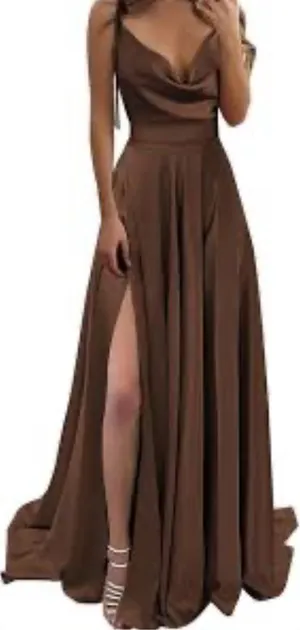 Monvelli Satin Cowl Neck Evening Gown w/Thigh High Slit & Pockets Brown 12 NWT thumbnail 1