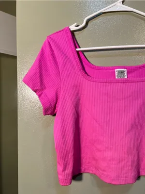 Victoria's Secret PINK Women's Sz XL Seamless Rib Short-Sleeve Crop Top Hot Pink thumbnail 4
