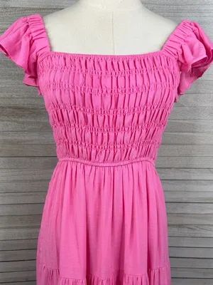 BY THE RIVER (Anthropologie) Boho Smocked Tiered Maxi Dress w Eyelet Hem Pink-L thumbnail 2