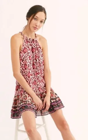FREE PEOPLE | LYLA Red Floral Gauze High Neck Ruffle Hem Mini Dress | Medium thumbnail 1