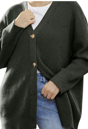 MEROKEETY Olive Green Ribbed V-Neck Cardigan Sweater thumbnail 8