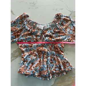 Free People Floral Ruffle Smocked Back Blouse Blue Brown‎ Small thumbnail 4