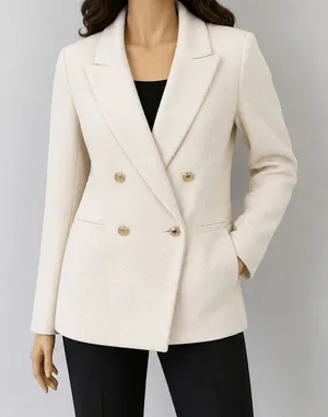 H&M Women Blazer Cream Textured Double Breasted Gold Crest Button‎ S thumbnail 1