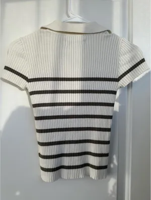 Button Ribbed Polo Short Sleeve Sweater And Now This Green Stripe XXS thumbnail 2