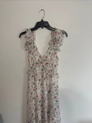 Audrey Parks Floral Ruffle V-Neck Maxi Dress in White with Pink & Green Print thumbnail 2