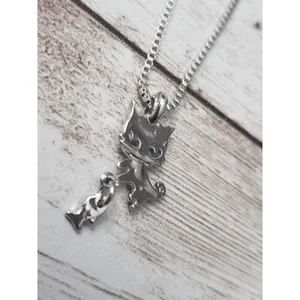 Silver Tone Cat with Fish Pendant Necklace - Whimsical thumbnail 4