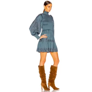 Ulla Johnson Blue Angelica Mock Neck Embroidered Smocked Mini Dress, Size 4 thumbnail 4