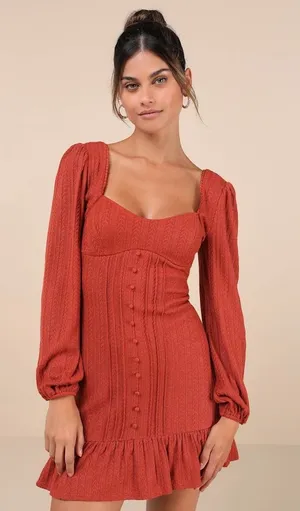 NWT Lulus Coveted Sweetness Rust Pointelle Knit Long Sleeve Mini Dress Party S thumbnail 1
