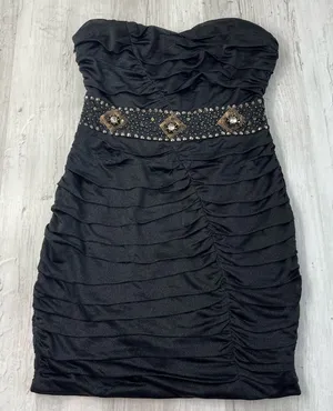 Nikibiki Black Strapless Ruched Gold Rhinestone Bling Bodycon Mini Dress Size M thumbnail 1