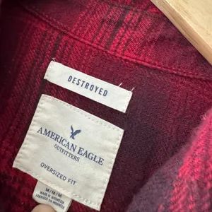 American Eagle Red Oversized Fit “Destroyed”‎ Plaid Button Down Top thumbnail 5