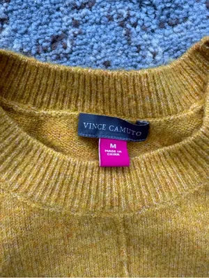 Vince Camuto Ribbed Center Seam Drop Shoulder Crew Neck Sweater Mustard Medium thumbnail 4