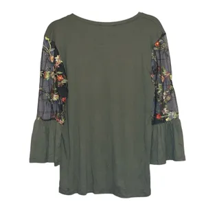 NWOT Milan Kiss‎ Olive Top Large Embroidered Mesh Sleeve Bell Sleeve Boho thumbnail 3