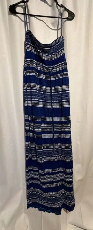 Motherhood Maternity Blue and White Striped Strapless Maxi Dress Size S thumbnail 1