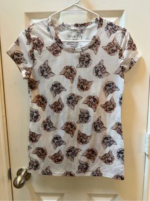 Wound Up White Tee with Brown Cat Faces and Blue Eyes thumbnail 1