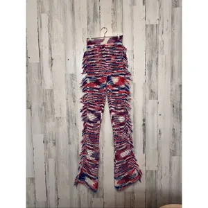 Red White Blue Crochet Flare Knit Pants Womens XS 2 Fringe Side Patriotic 4th of thumbnail 2