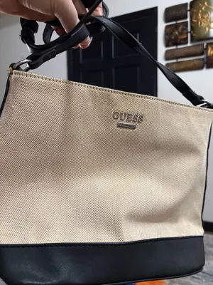 GUESS Beige Canvas Tote with Black Handles and Silver Logo thumbnail 1