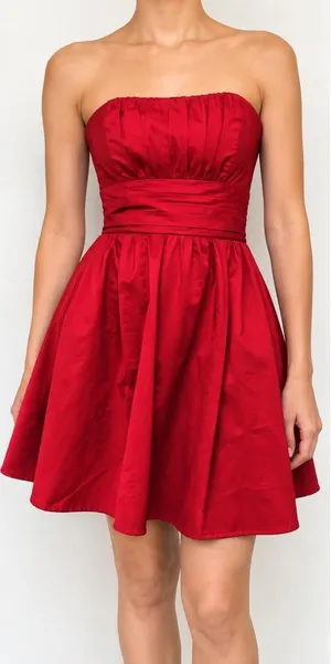 David’s Bridal Red Strapless Fit Flare Dress Sz 12 Romantic Coquette Party Cocktail Wedding Guest Y2K Pleated bust, ruched waist, full A-line skirt, and back zipper. Romantic coquette, feminine, elegant, vintage-inspired, Y2K, timeless, cocktail, party, wedding guest, bridesmaid, homecoming, prom, Valentine’s Day, Christmas, holiday, date night, engagement, rehearsal dinner, semi-formal, formal, special occasion. thumbnail 1