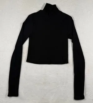 Reformation Black Ribbed Mock Neck Cropped Long Sleeve Top Small Made in USA thumbnail 1