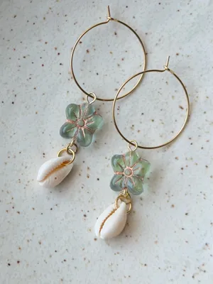 Handmade quality Czech glass flower beads & natural cowrie seashell hoop dangle earrings 🌀💕 thumbnail 3